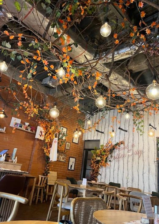 Interior de Lobo de Bosque decorado con hojas de otoño